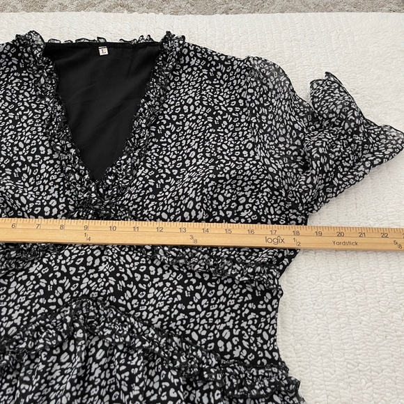 Leopard Print Midi Dress Womens L Lined V Neck Ruffles Short Sleeve - Picture 11 of 14